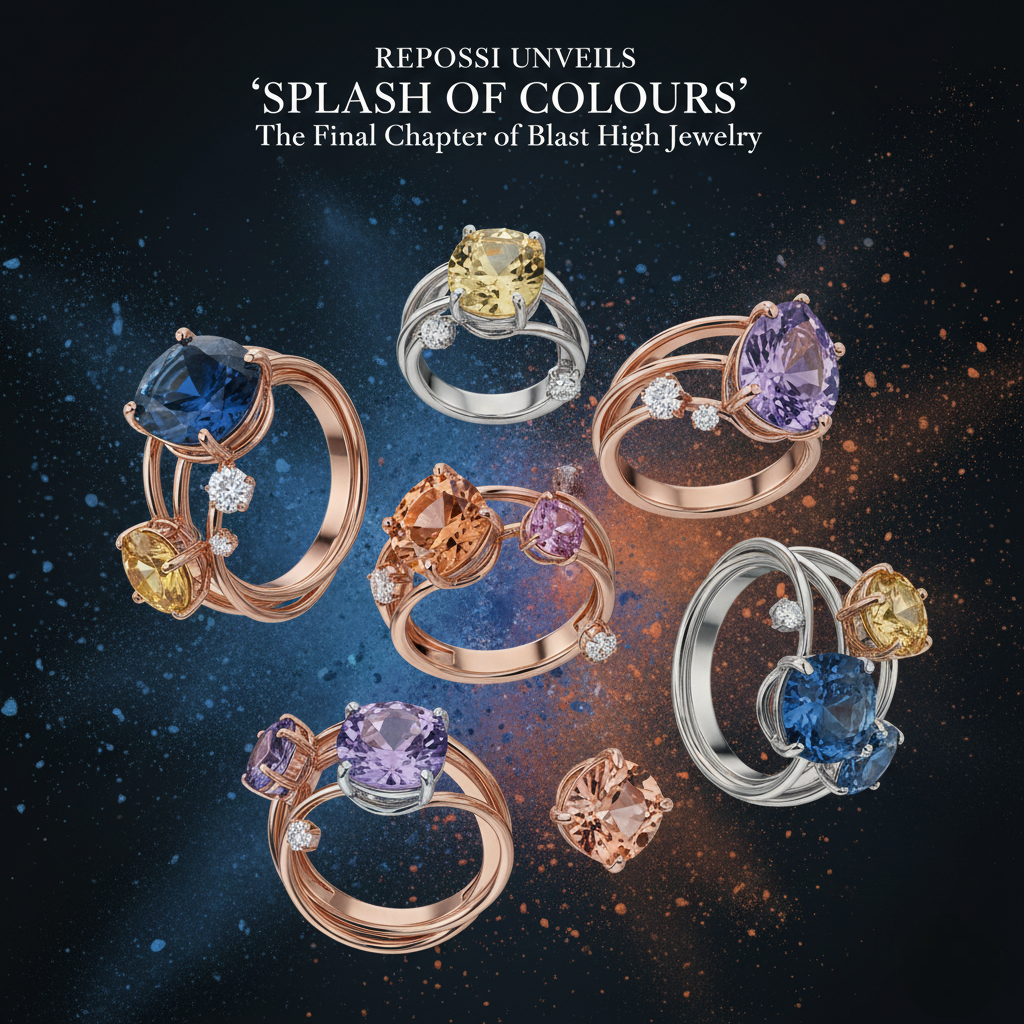 Exquisite high jewelry rings from Repossi's Splash of Colours collection, featuring architectural pink and white gold bands set with vibrant sapphires, tourmalines, and diamonds.