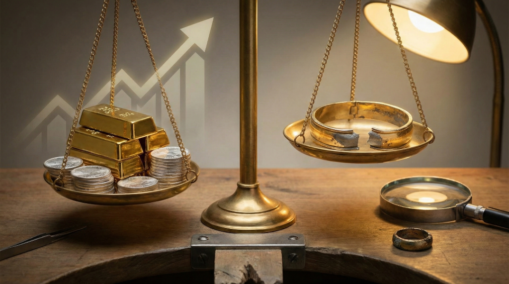 A conceptual photograph on a jeweler's workbench with a vintage balance scale. The left pan is heavily weighted down by stacks of gold bars and silver coins, while the right pan holds a broken, tarnished gold bracelet, tipped upwards. In the background, a glowing financial graph with an upward arrow indicates rising precious metal prices, illustrating the tension between increasing material costs and declining jewelry quality and durability.