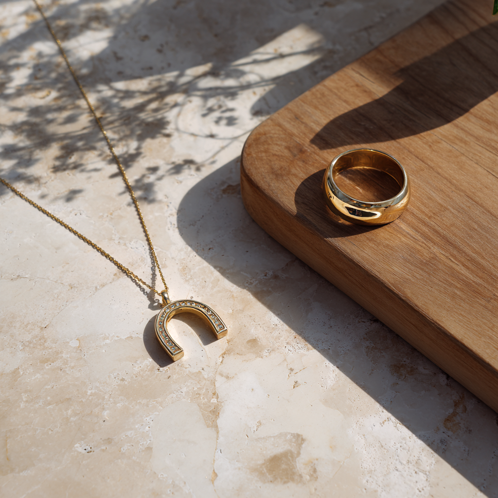 Elegant 18k gold pendants and rings from the Lionheart Jewelry Legacy collection, showcasing Scandinavian minimalist design.