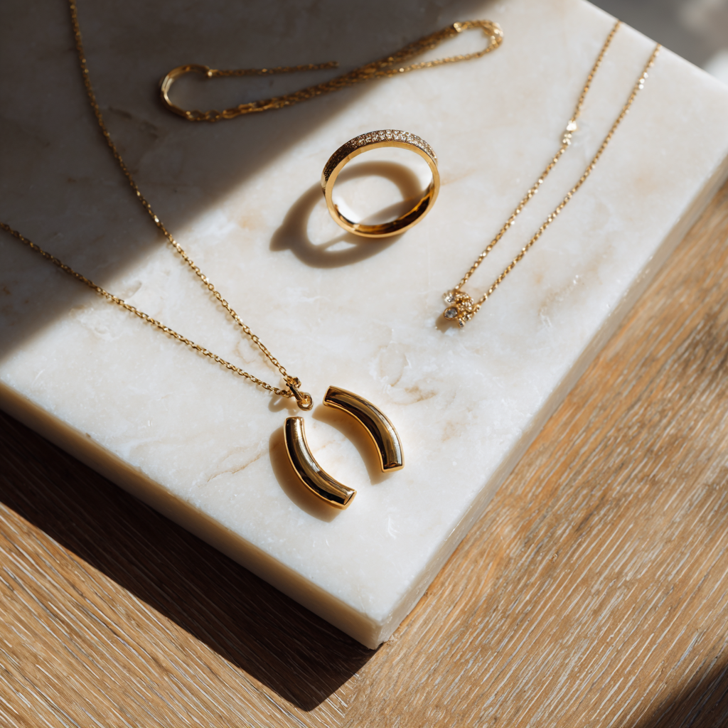 Elegant 18k gold pendants and rings from the Lionheart Jewelry Legacy collection, showcasing Scandinavian minimalist design.