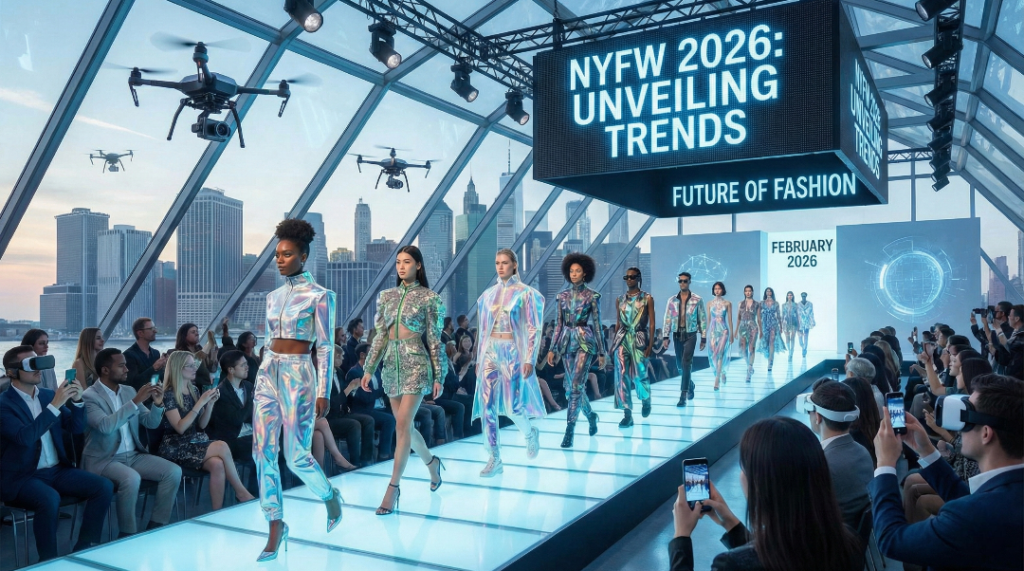 Models wearing futuristic holographic outfits walk an LED runway at the "NYFW 2026: Unveiling Trends" fashion show. Drones film overhead and audience members use VR headsets in a glass venue overlooking the New York City skyline, representing the "Future of Fashion" in February 2026.