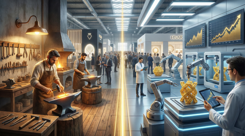 A split-view photograph inside the crowded Vicenzaoro jewelry trade show. The left side shows traditional goldsmiths working with hammers and a forge in a rustic workshop. The right side features modern technology with robotic arms 3D printing complex gold structures and technicians monitoring screens with upward-trending financial graphs indicating record gold prices. A bright vertical beam of light connects the traditional and technological sections amidst the busy exhibition hall.