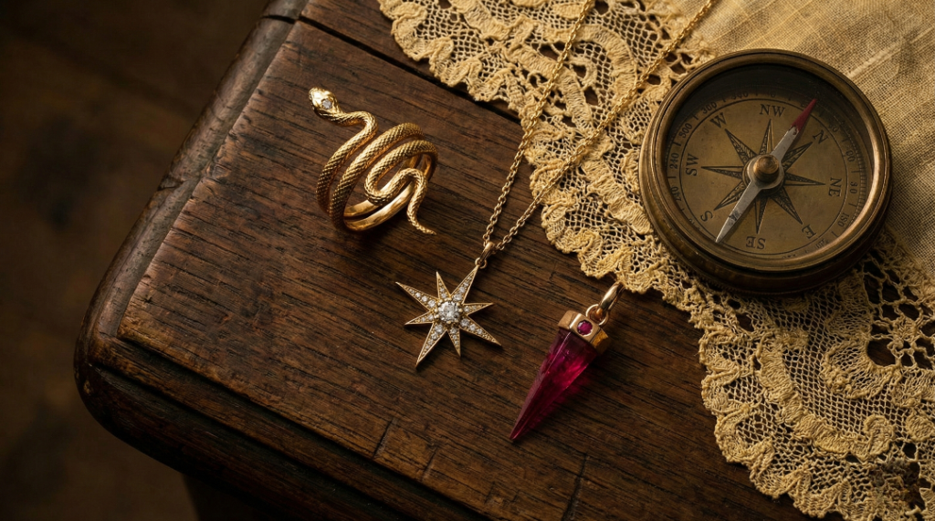 Close-up of vintage-inspired jewelry featuring celestial, winged, and serpentine motifs.