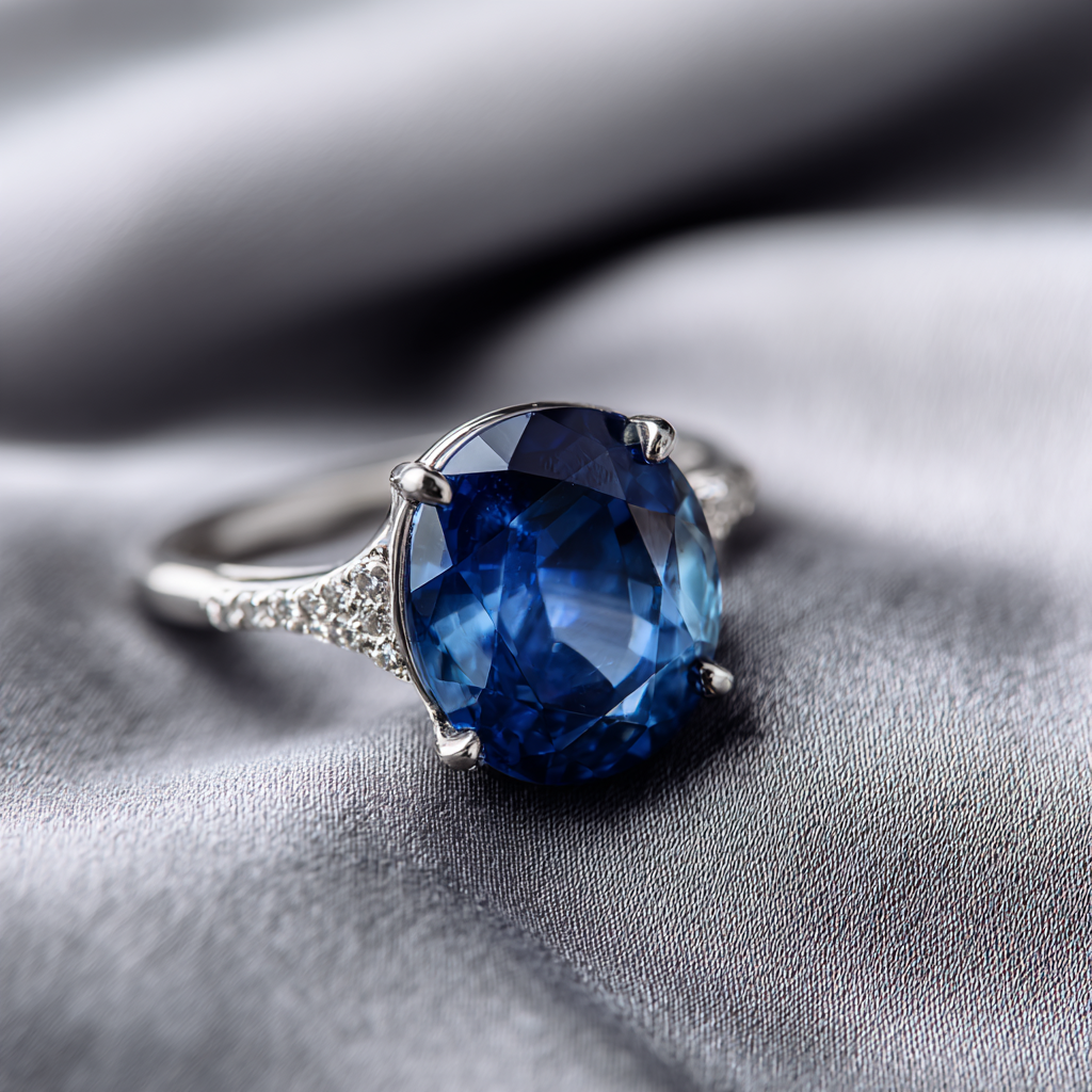 Elegant deep blue sapphire ring with diamond accents on a grey silk background.