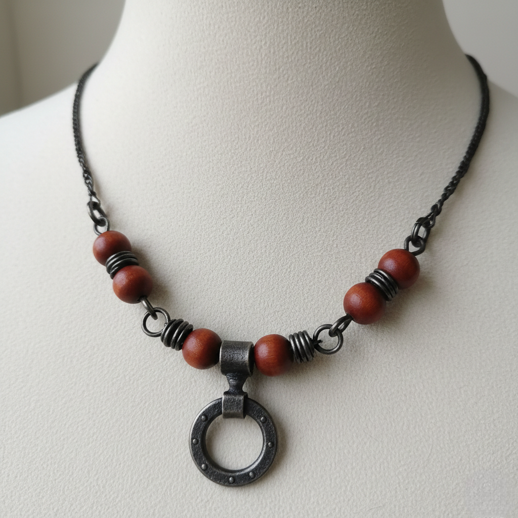 A handcrafted industrial-style necklace made of copper washers and brass chains, displayed on a wooden surface.