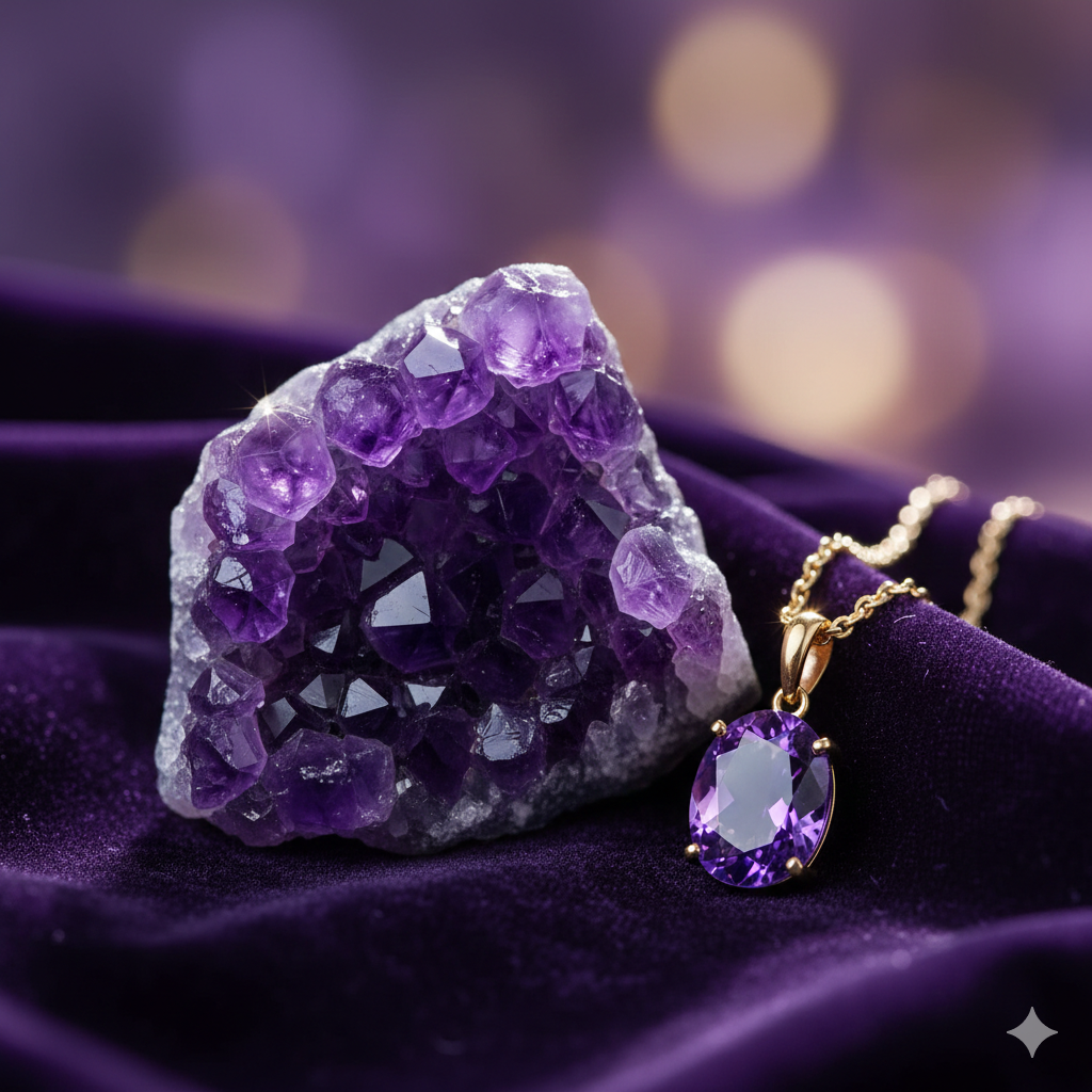 A beautiful purple amethyst crystal druzy next to a gold amethyst pendant necklace on luxury velvet.