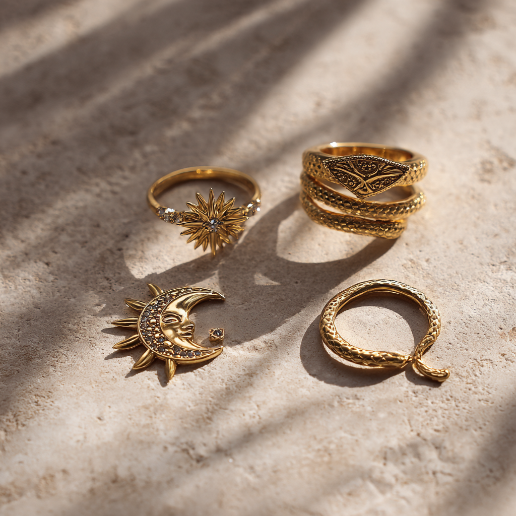 Close-up of vintage-inspired jewelry featuring celestial, winged, and serpentine motifs.