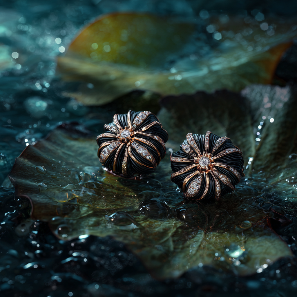 Luxury earrings inspired by the Victoria regia water lily by Alessandro Langella, featuring rose gold and diamonds on display at TEFAF.