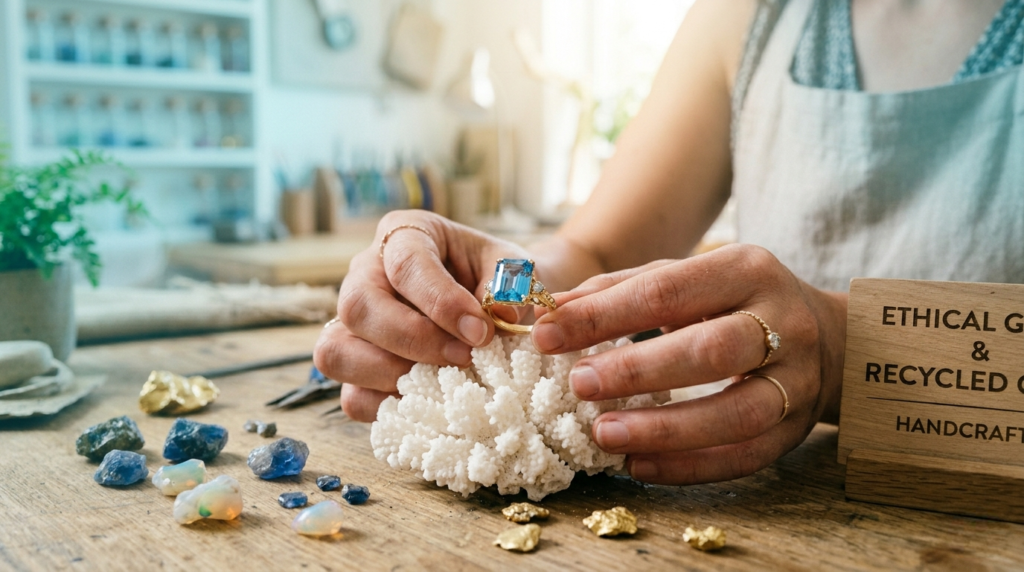 A stunning emerald-cut aquamarine ring set in 18k yellow gold, reflecting light like clear ocean water.
