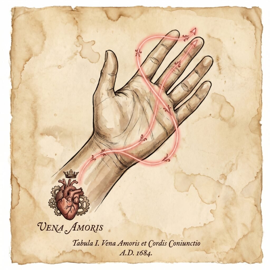 Vintage-style botanical illustration of a human hand, showing a glowing red line representing the mythical Vena Amoris, connecting the ring finger to a stylized heart icon, over a parchment background.