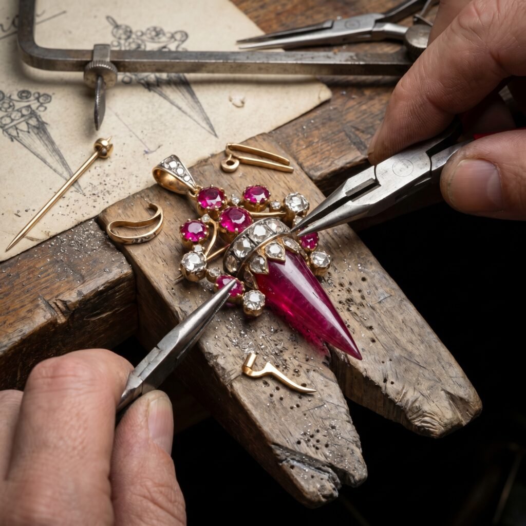 A Victorian ruby spike pendant reimagined from an antique brooch.