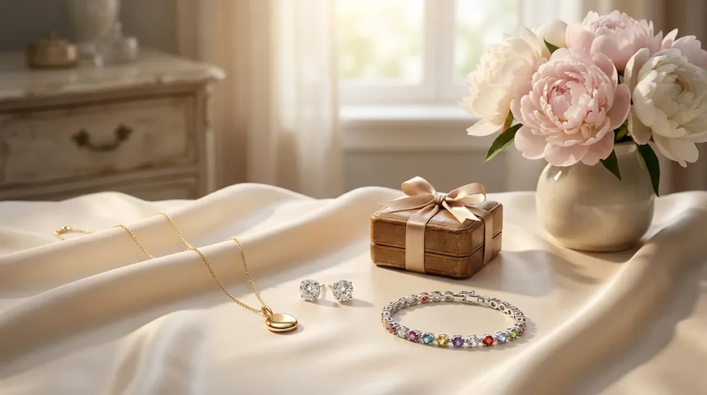 Elegant gold jewelry gifts for mom including necklaces and rings