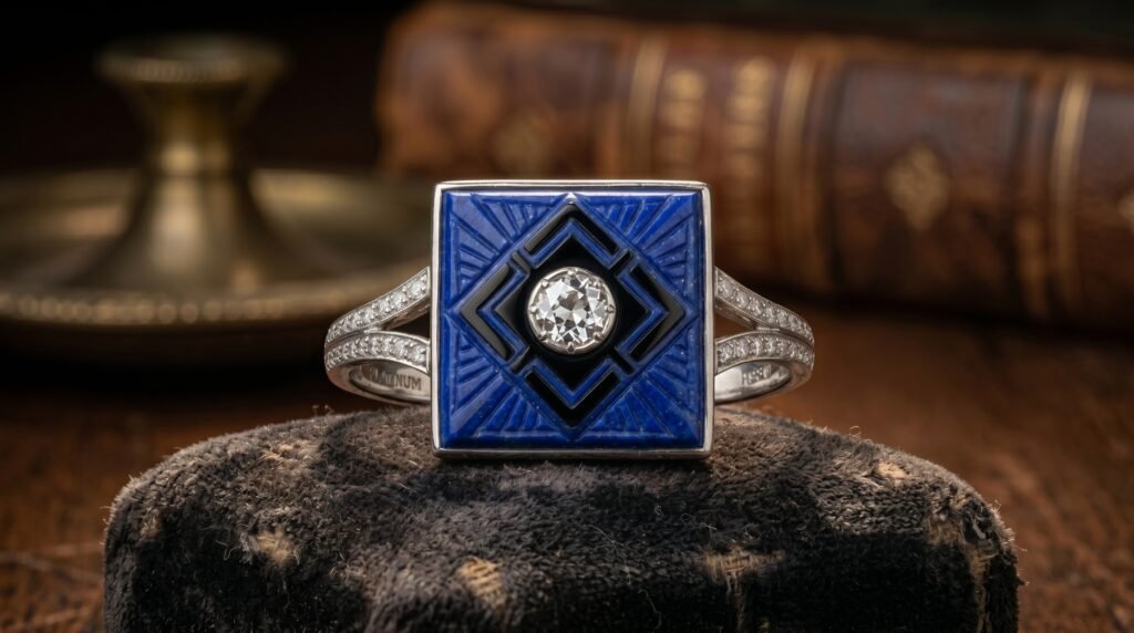 Authentic 1930 Art Deco lapis ring with onyx and diamonds in platinum