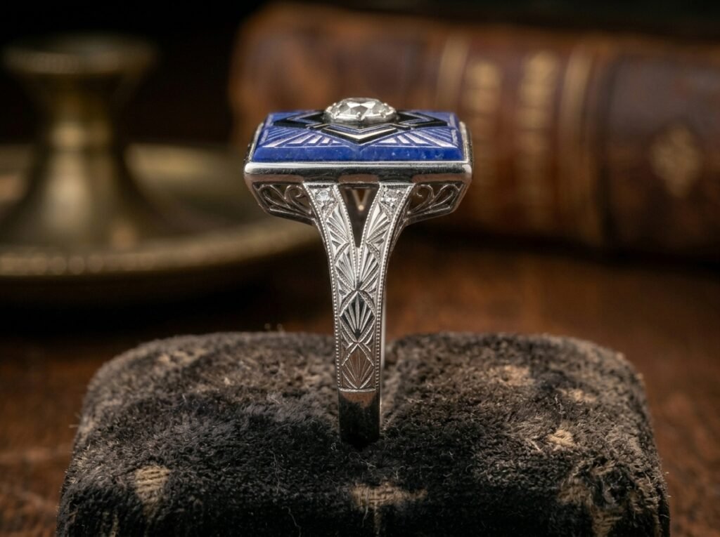 Detail of the platinum craftsmanship on a 1930s lapis ring