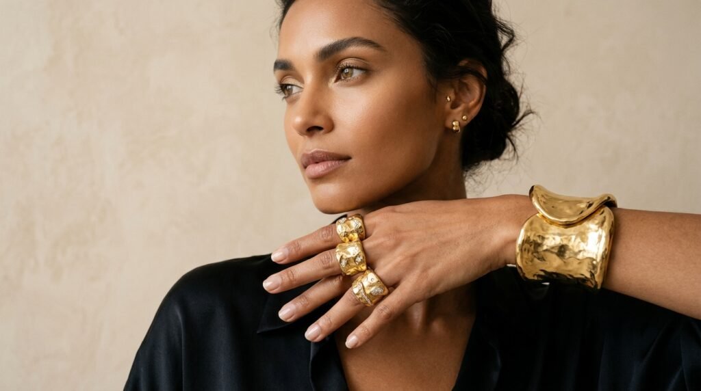 Statement gold jewelry trends on a luxury fashion model