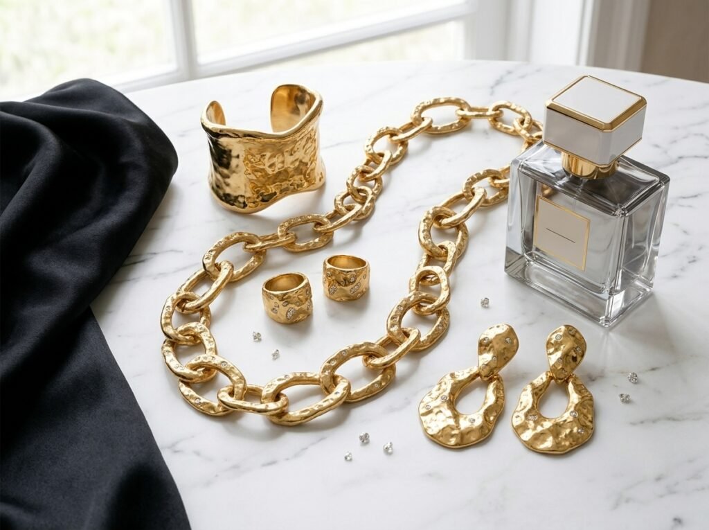 Statement gold jewelry trends on a luxury fashion model